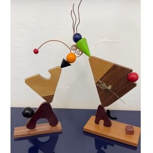 Vintage Savile Row Postmodern Memphis Style Wood Desk Clock & Sculpture Set